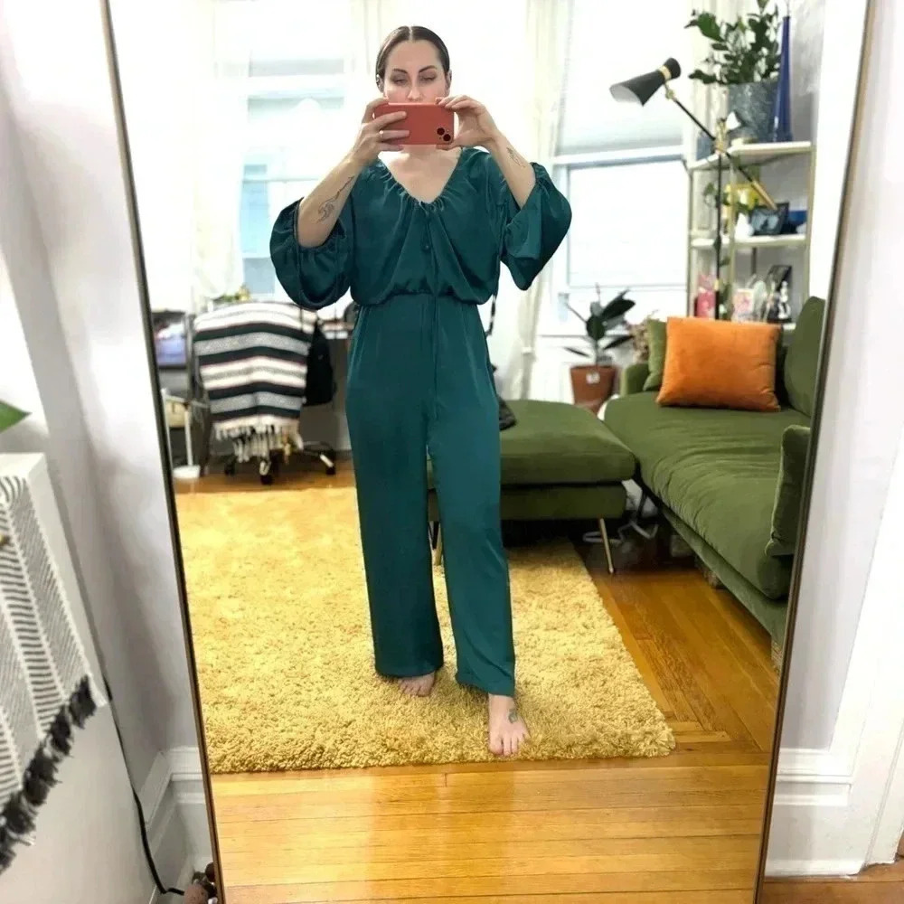 NWOT Dark Green / Turquoise Satin Effect Zara Jumpsuit - Picture 4 of 9